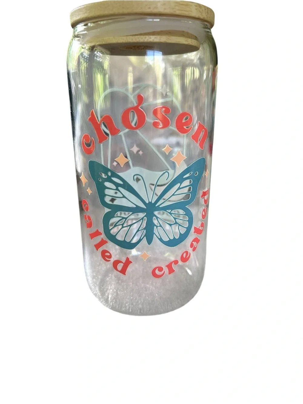 Butterfly Graphic Glass Jar with Bamboo Lid - Teal & Coral